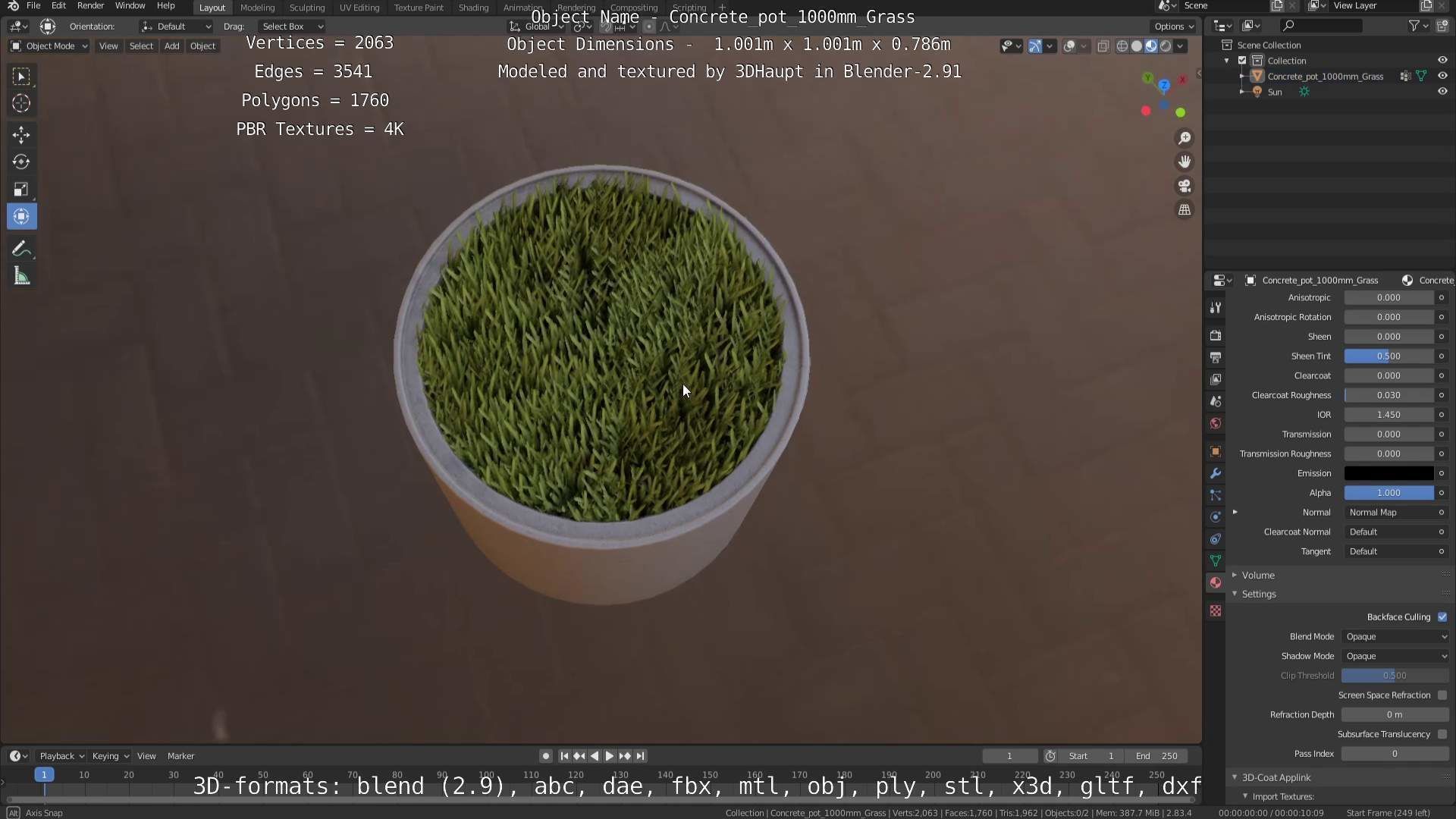 Concrete Pipe Pots with Grass 1000mm Low-poly 3D model_89