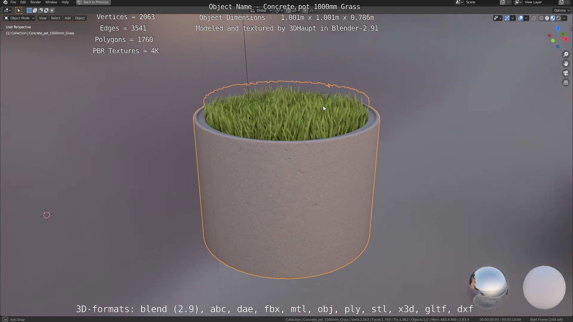 Concrete Pipe Pots with Grass 1000mm Low-poly 3D model_55