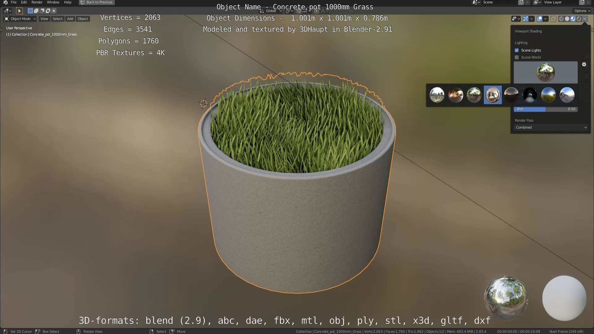 Concrete Pipe Pots with Grass 1000mm Low-poly 3D model_41
