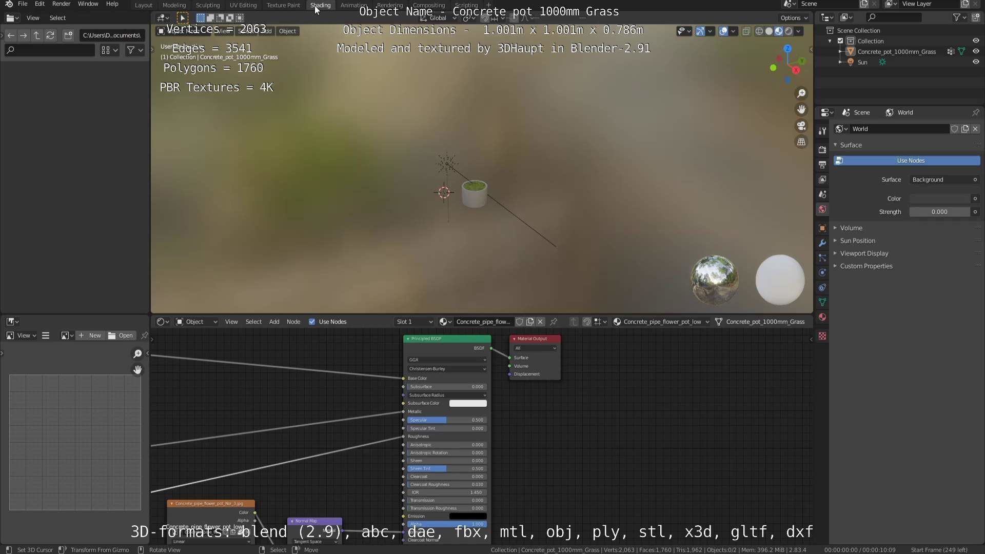Concrete Pipe Pots with Grass 1000mm Low-poly 3D model_75