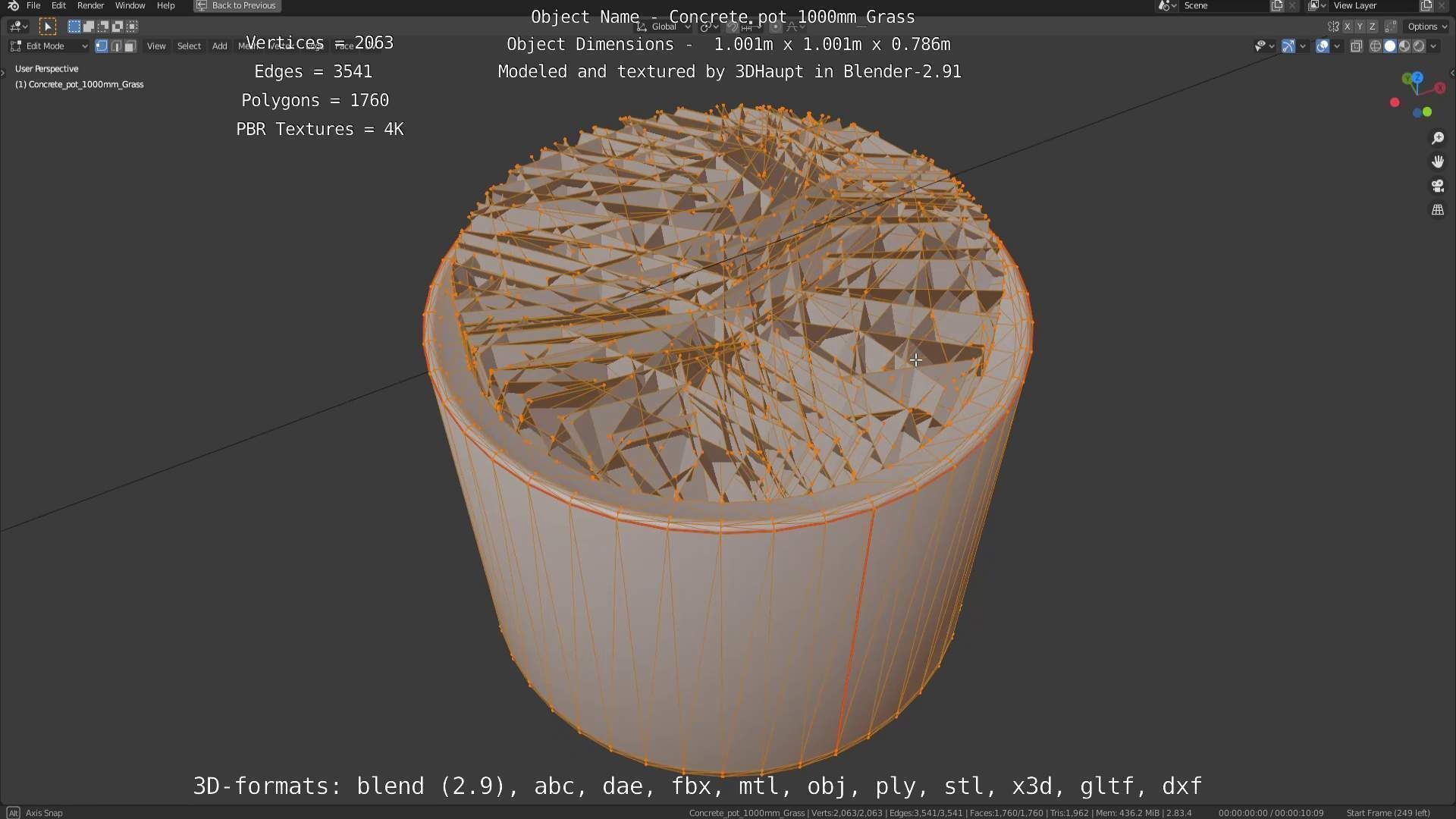 Concrete Pipe Pots with Grass 1000mm Low-poly 3D model_93