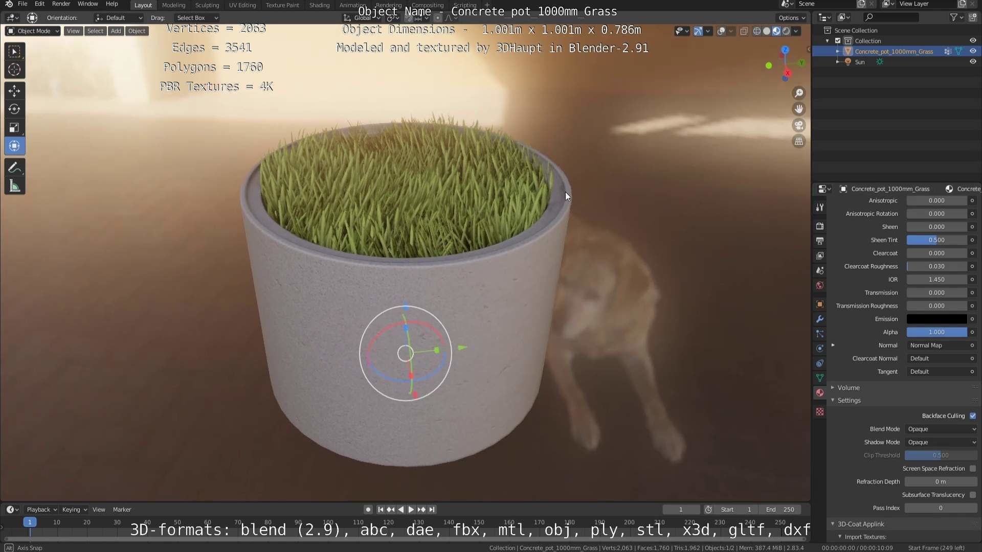 Concrete Pipe Pots with Grass 1000mm Low-poly 3D model_58