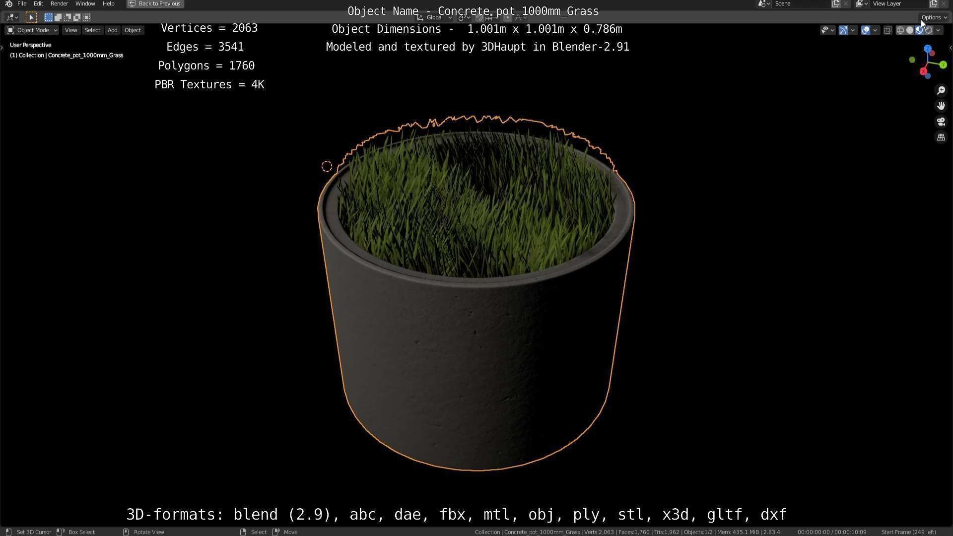 Concrete Pipe Pots with Grass 1000mm Low-poly 3D model_95
