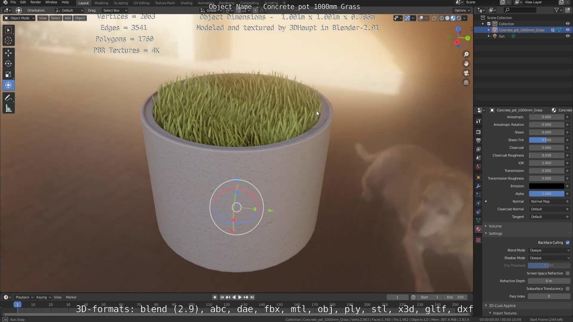 Concrete Pipe Pots with Grass 1000mm Low-poly 3D model_68
