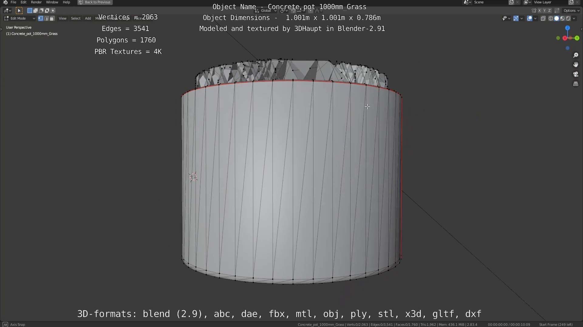 Concrete Pipe Pots with Grass 1000mm Low-poly 3D model_35