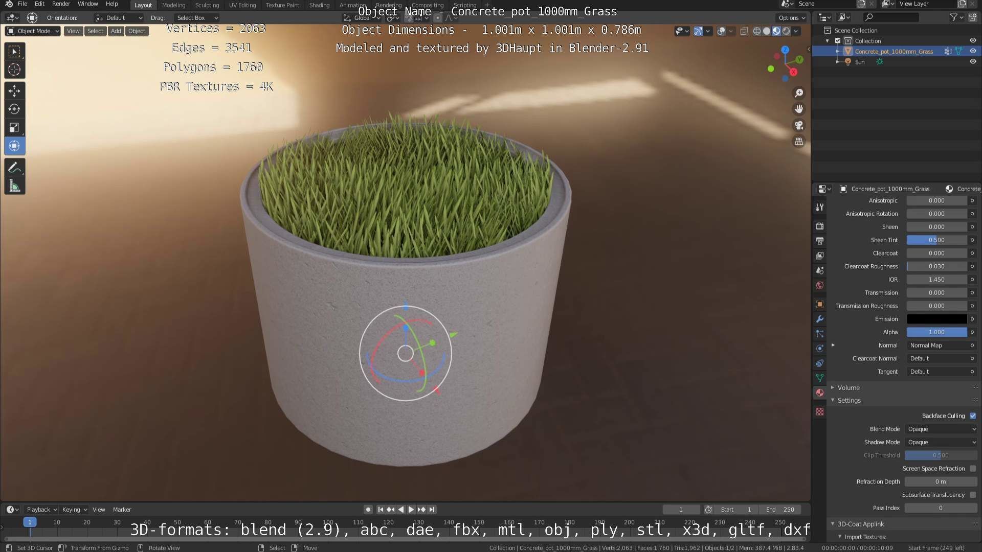 Concrete Pipe Pots with Grass 1000mm Low-poly 3D model_65