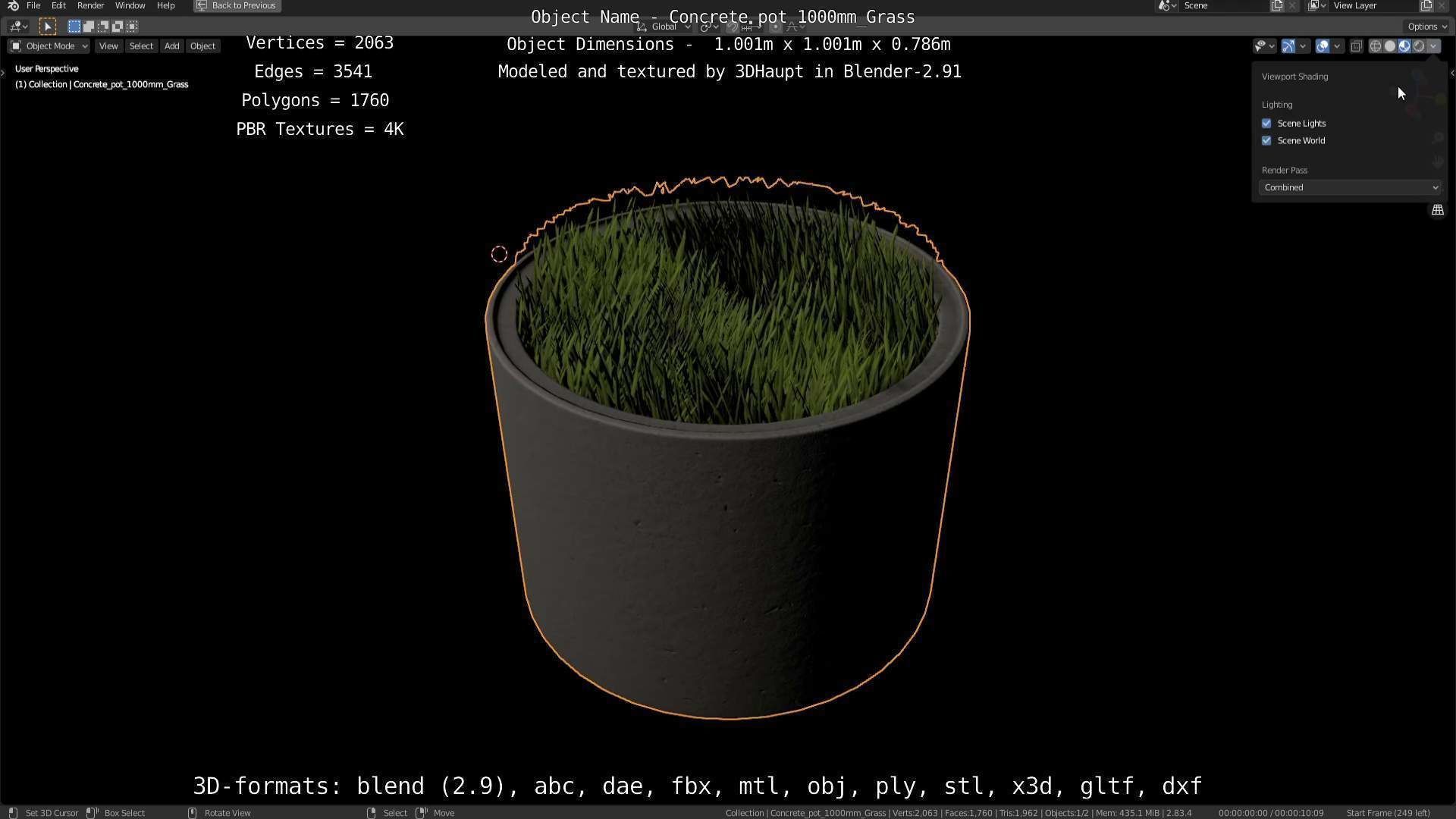 Concrete Pipe Pots with Grass 1000mm Low-poly 3D model_42