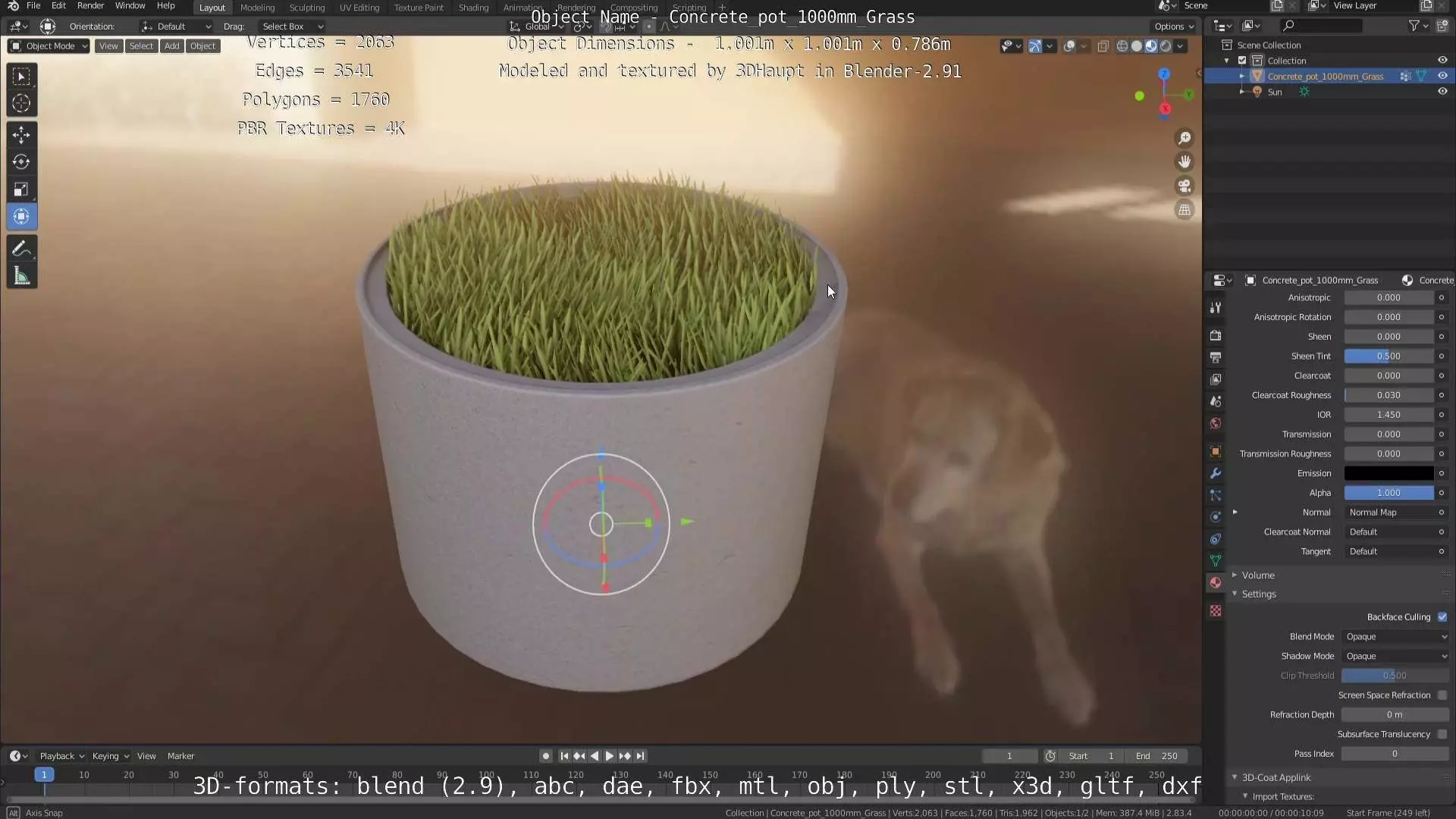 Concrete Pipe Pots with Grass 1000mm Low-poly 3D model_0