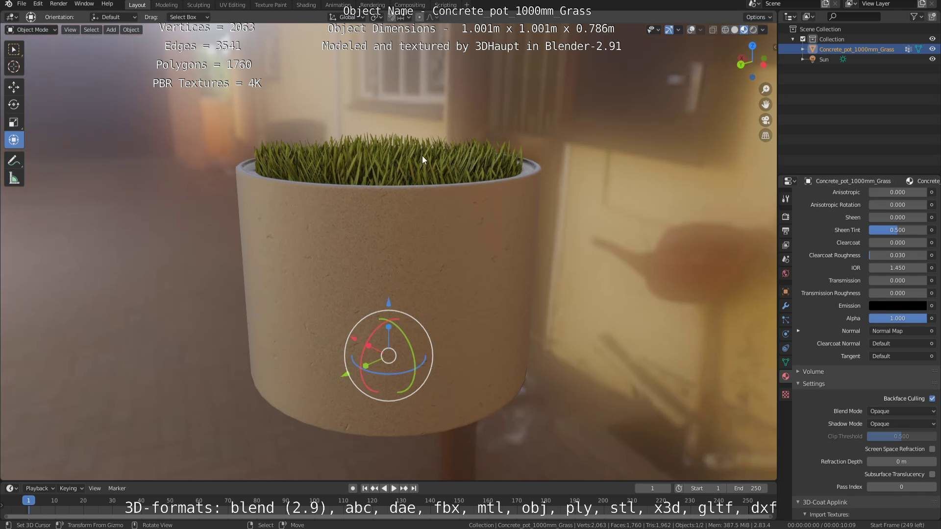 Concrete Pipe Pots with Grass 1000mm Low-poly 3D model_72
