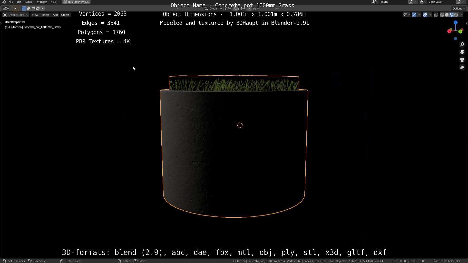Concrete Pipe Pots with Grass 1000mm Low-poly 3D model_98