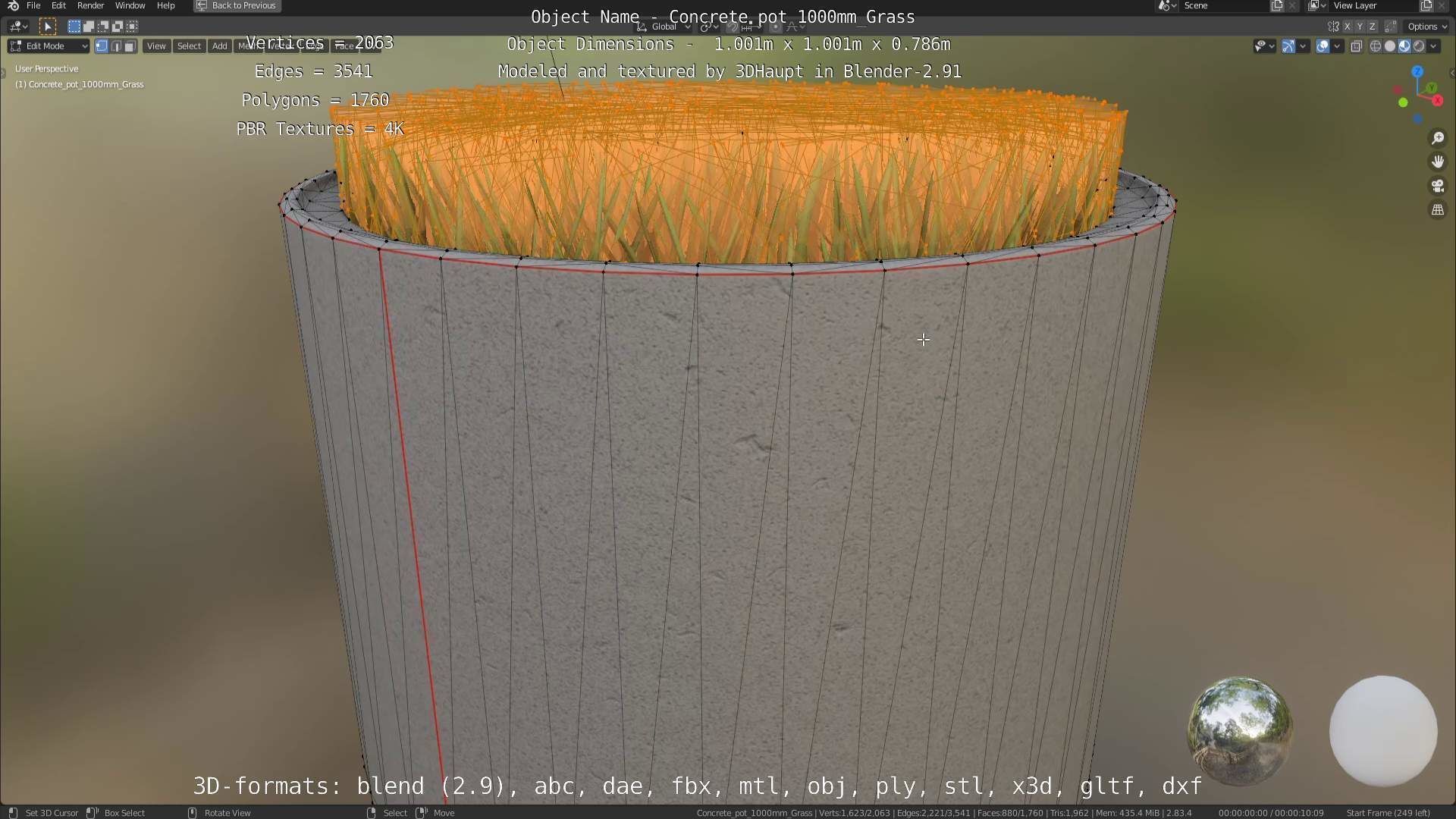 Concrete Pipe Pots with Grass 1000mm Low-poly 3D model_17