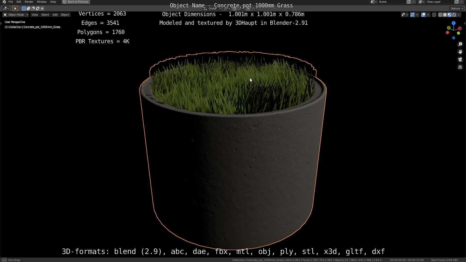 Concrete Pipe Pots with Grass 1000mm Low-poly 3D model_24
