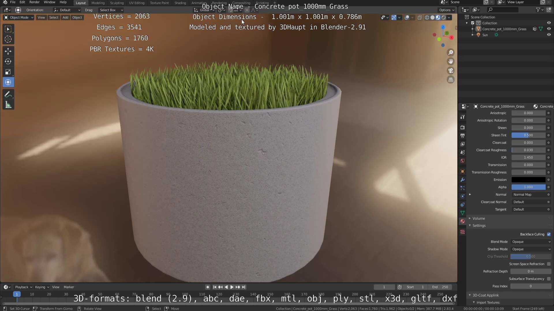 Concrete Pipe Pots with Grass 1000mm Low-poly 3D model_15