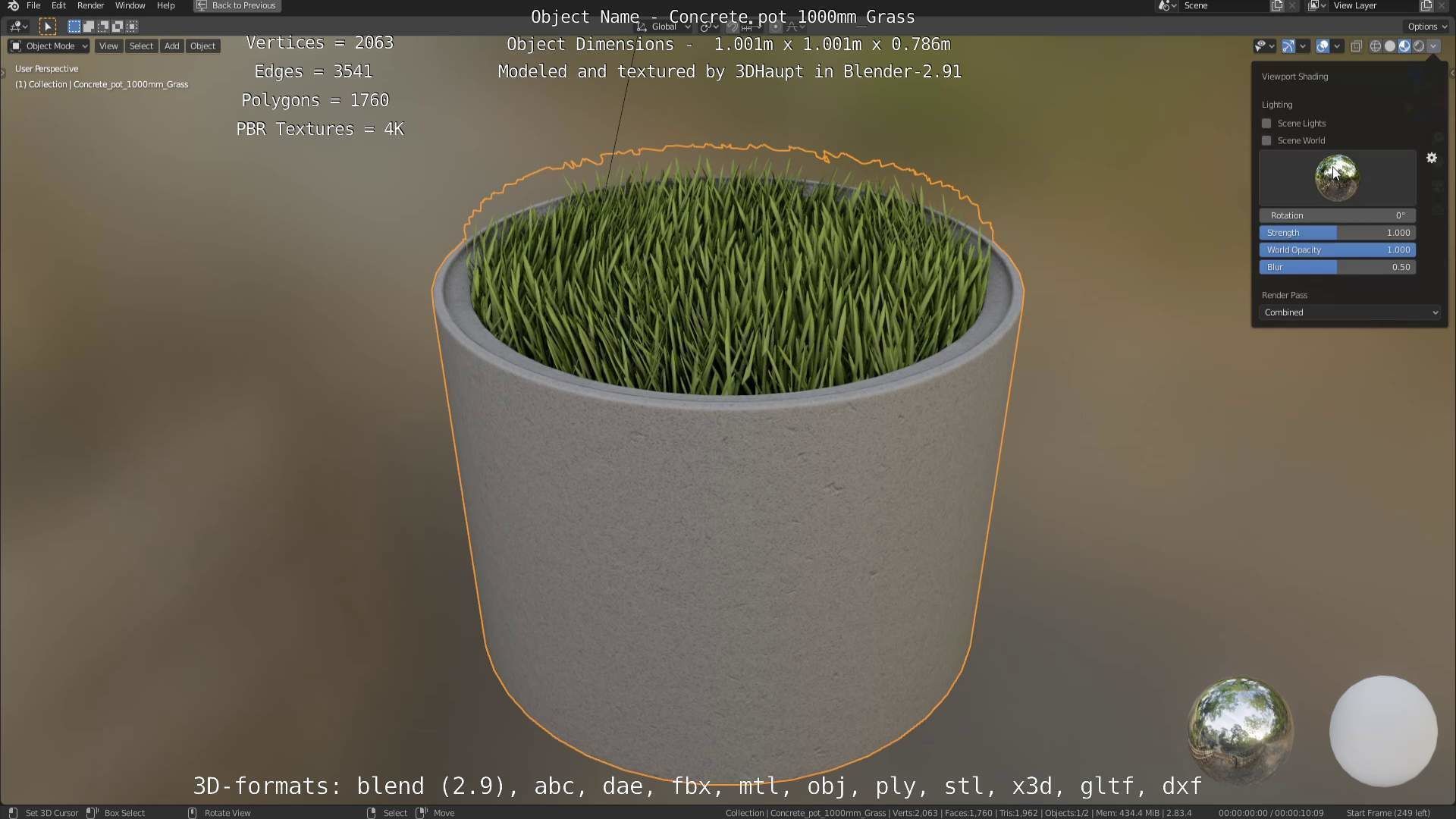 Concrete Pipe Pots with Grass 1000mm Low-poly 3D model_54