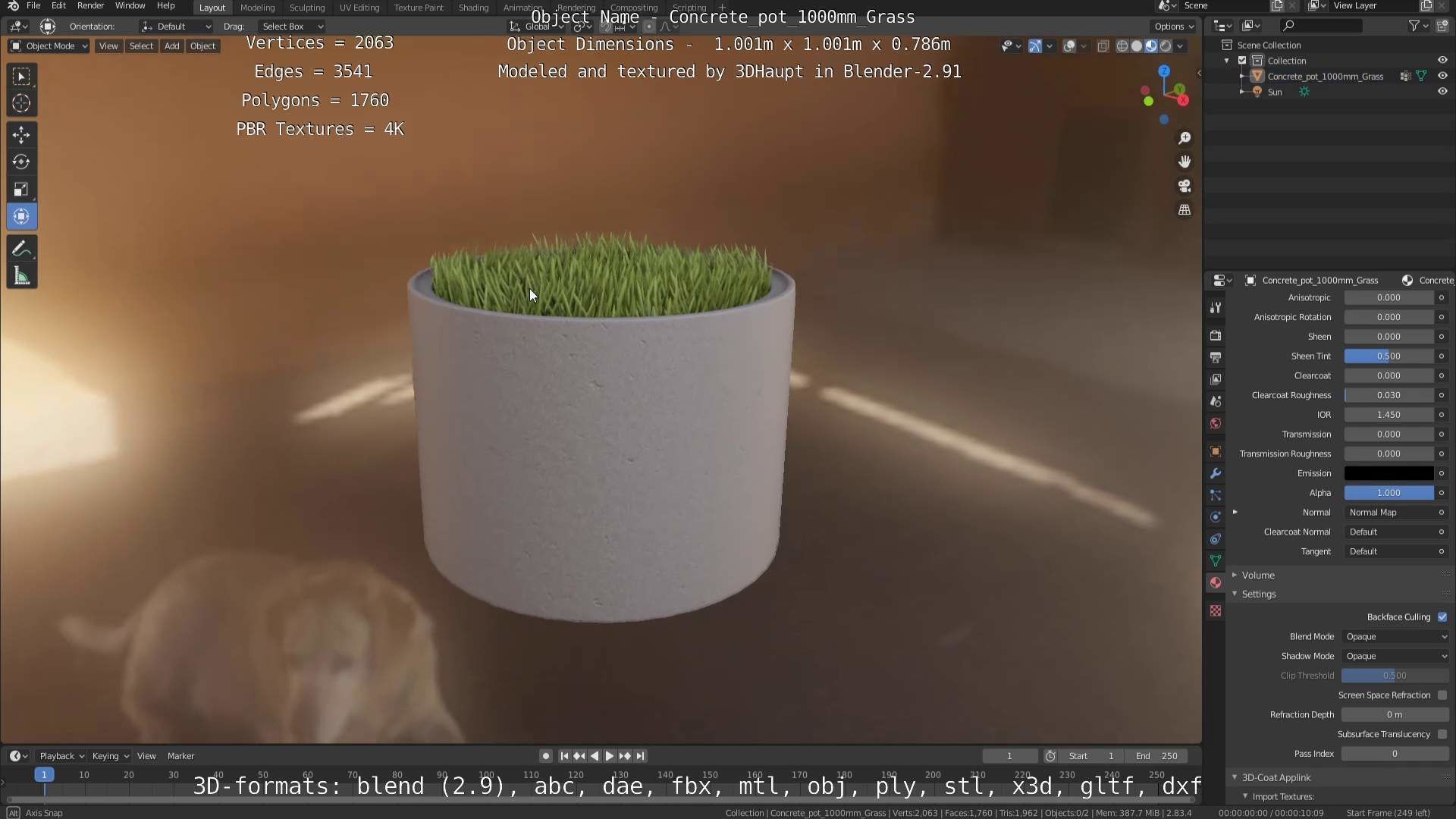 Concrete Pipe Pots with Grass 1000mm Low-poly 3D model_37