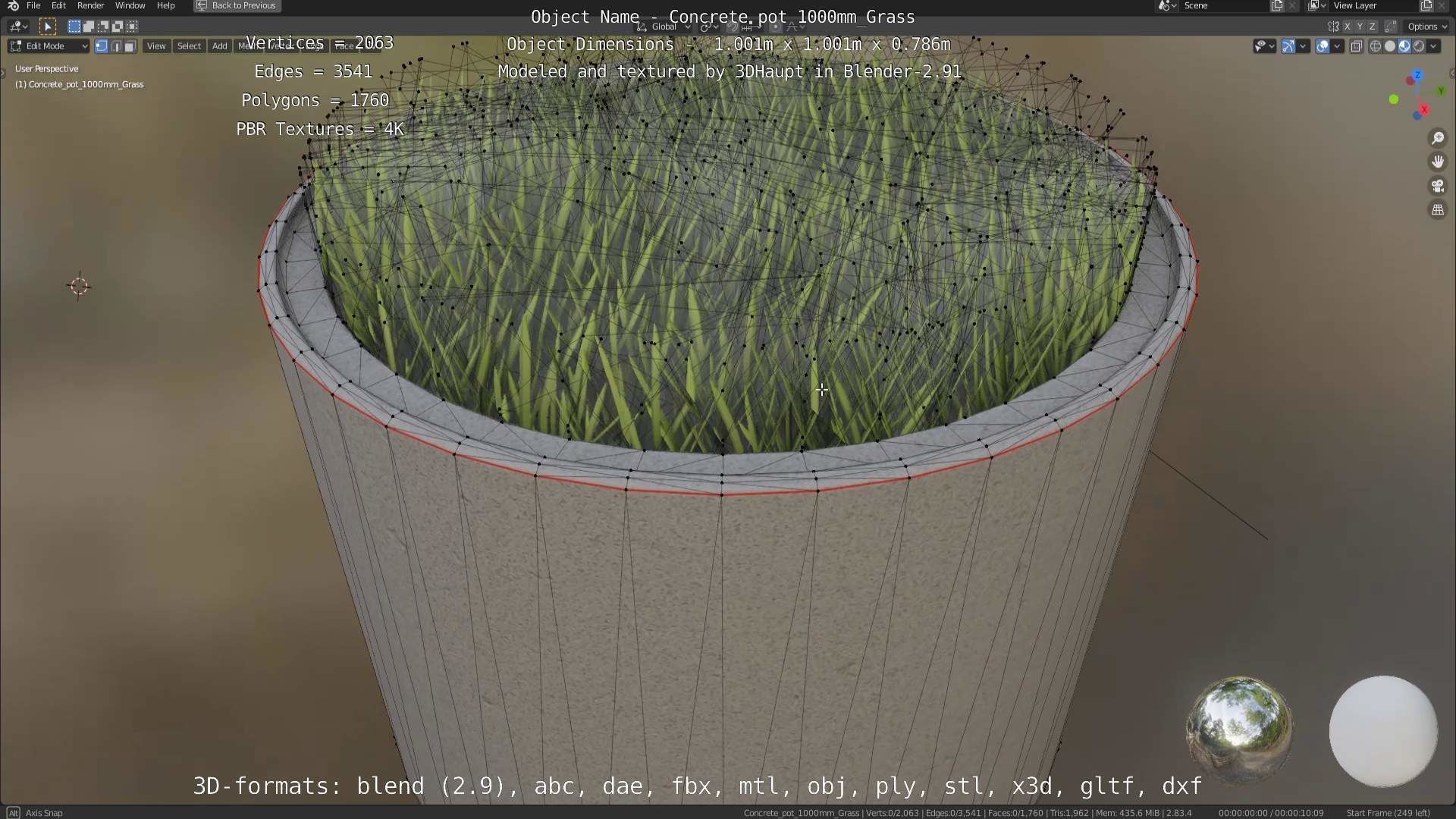 Concrete Pipe Pots with Grass 1000mm Low-poly 3D model_30