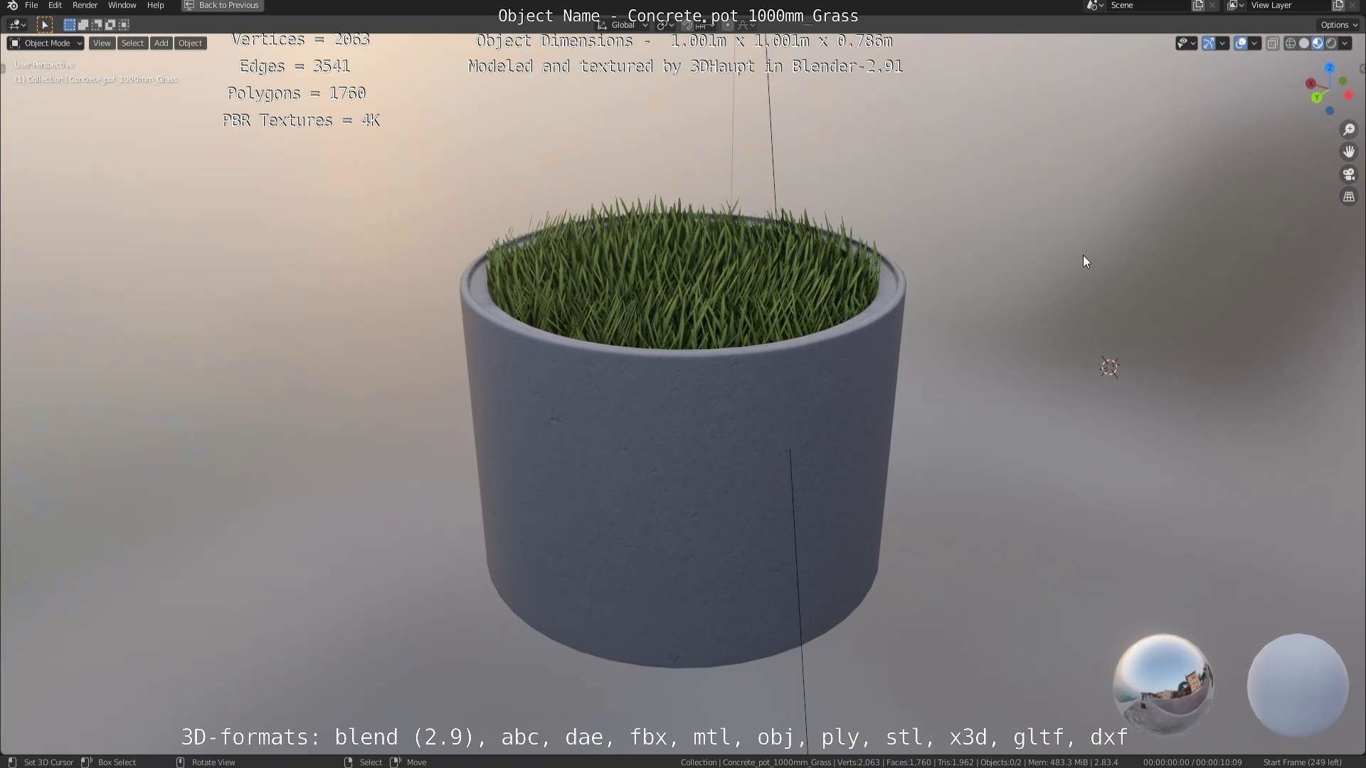 Concrete Pipe Pots with Grass 1000mm Low-poly 3D model_50