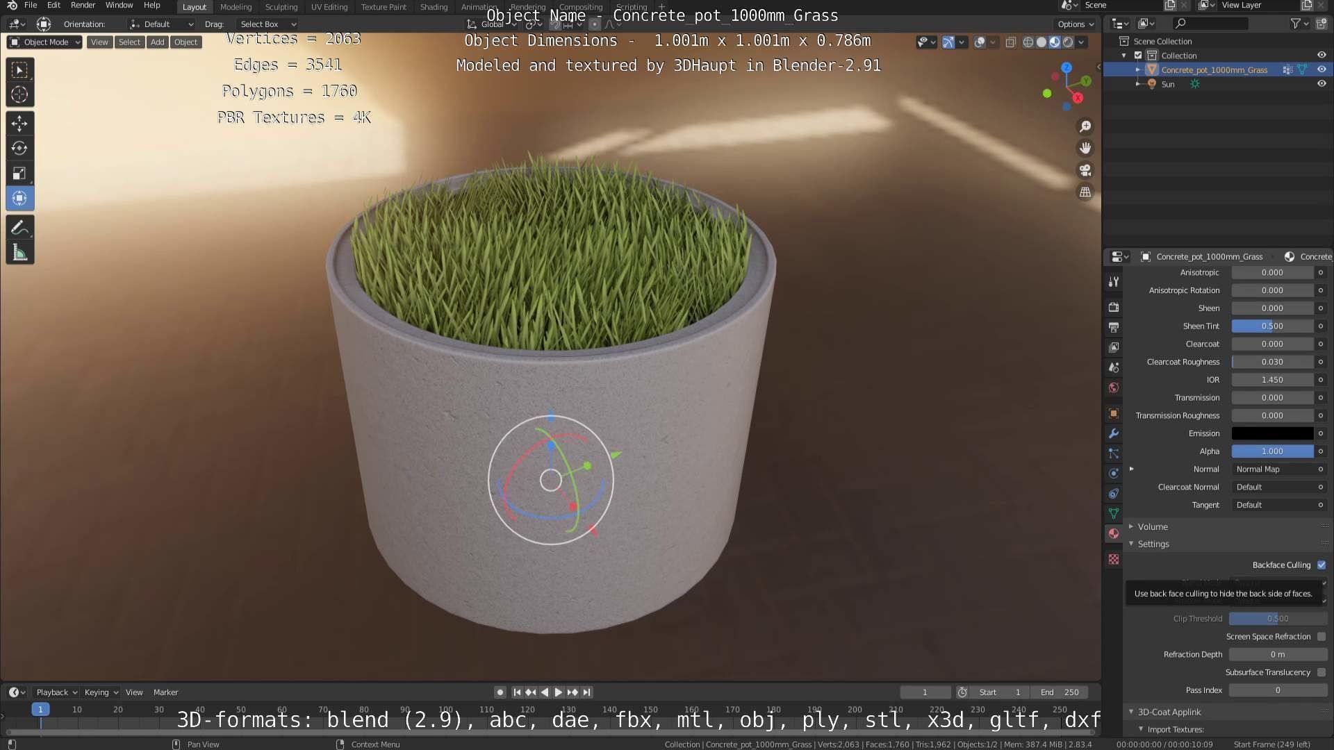 Concrete Pipe Pots with Grass 1000mm Low-poly 3D model_44