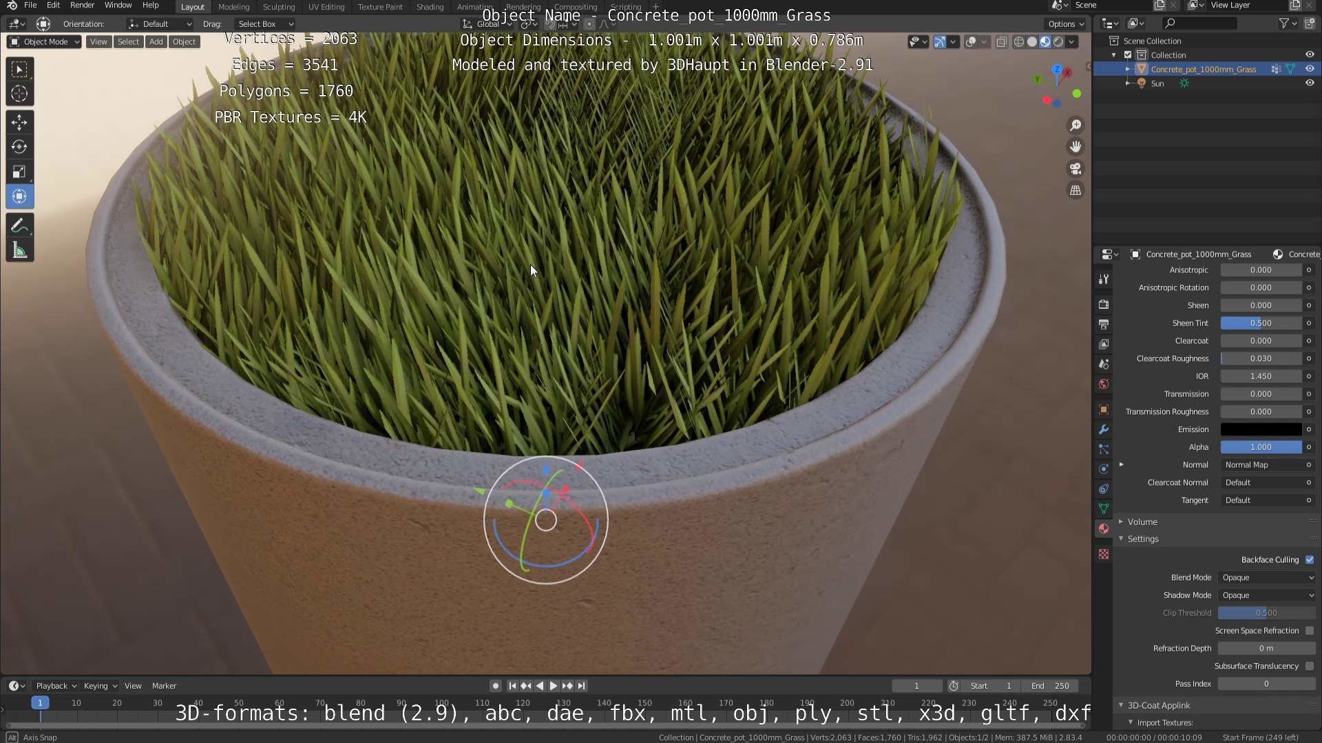 Concrete Pipe Pots with Grass 1000mm Low-poly 3D model_63