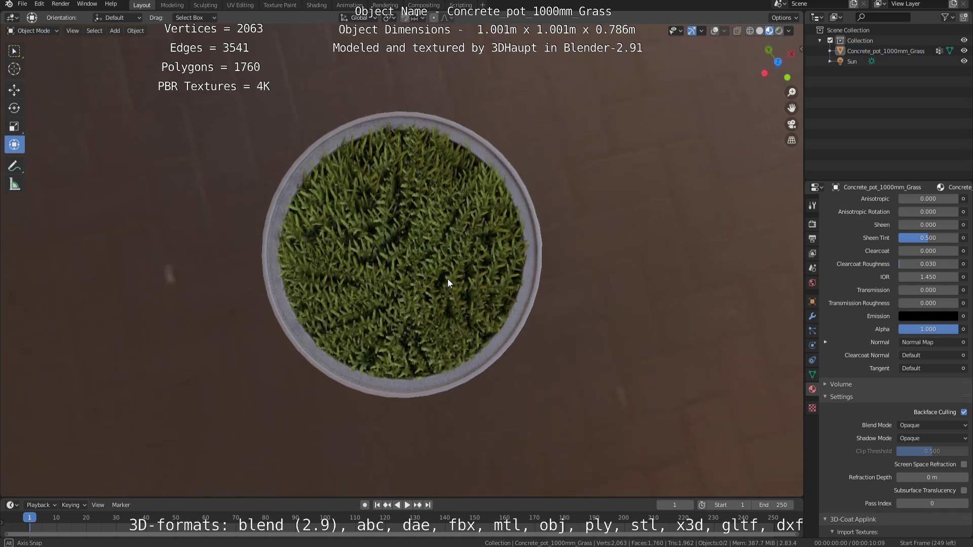 Concrete Pipe Pots with Grass 1000mm Low-poly 3D model_43