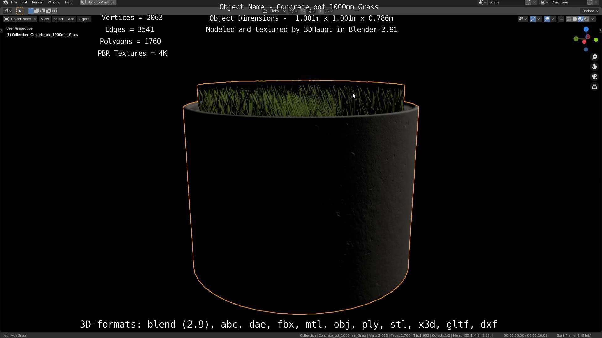 Concrete Pipe Pots with Grass 1000mm Low-poly 3D model_97