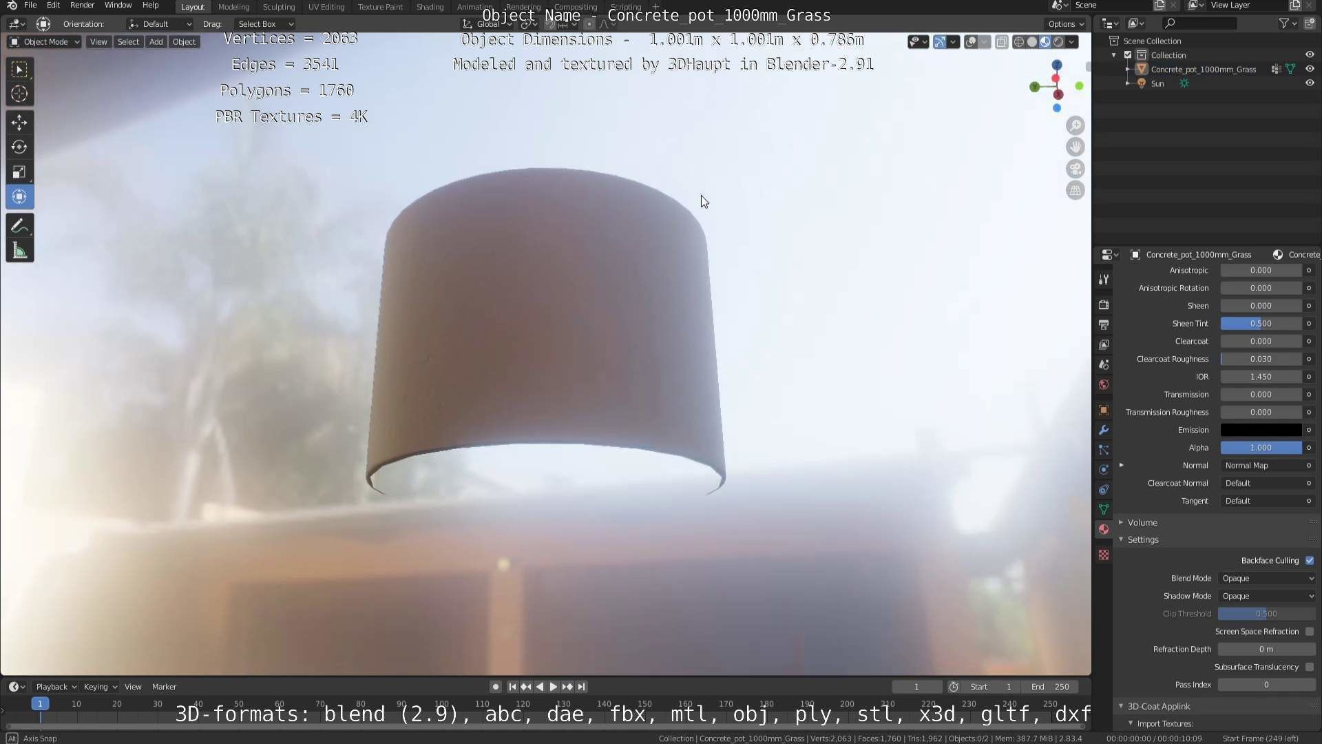 Concrete Pipe Pots with Grass 1000mm Low-poly 3D model_57