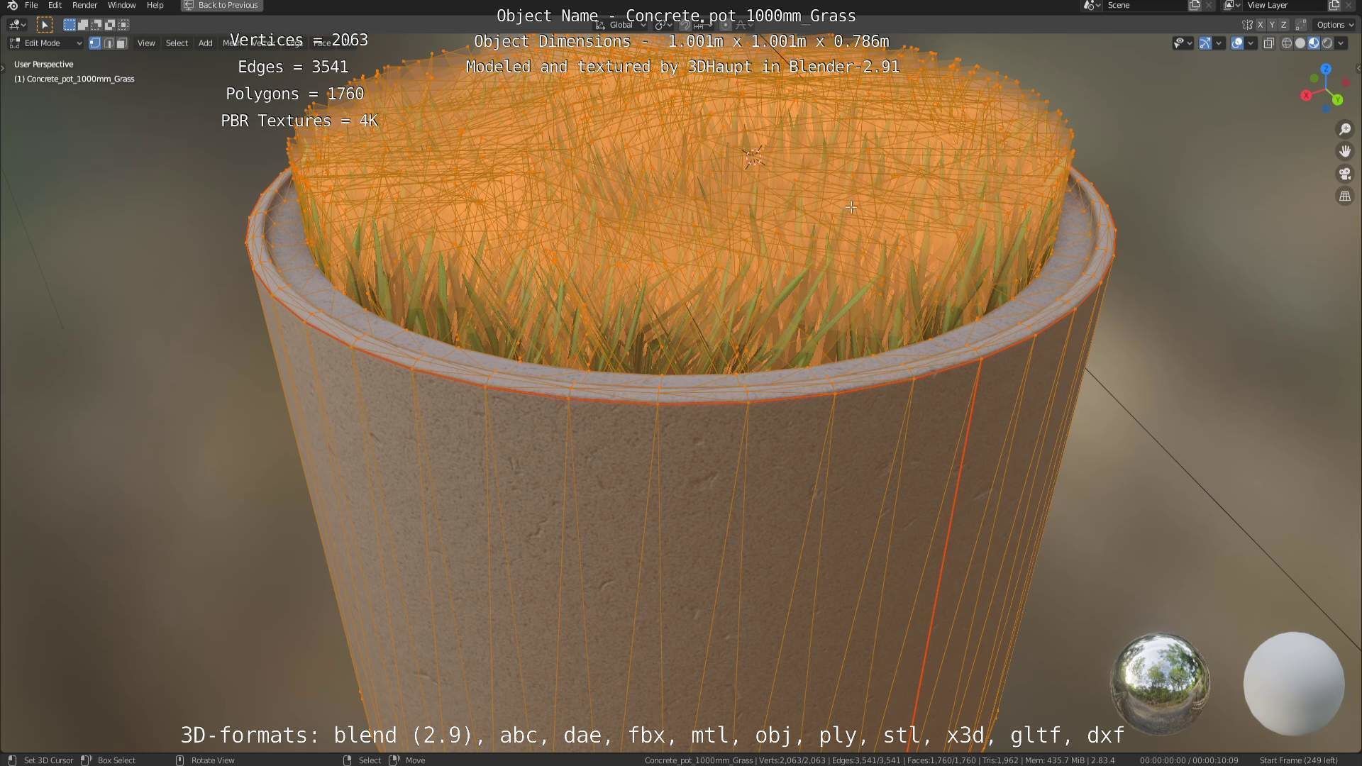Concrete Pipe Pots with Grass 1000mm Low-poly 3D model_64