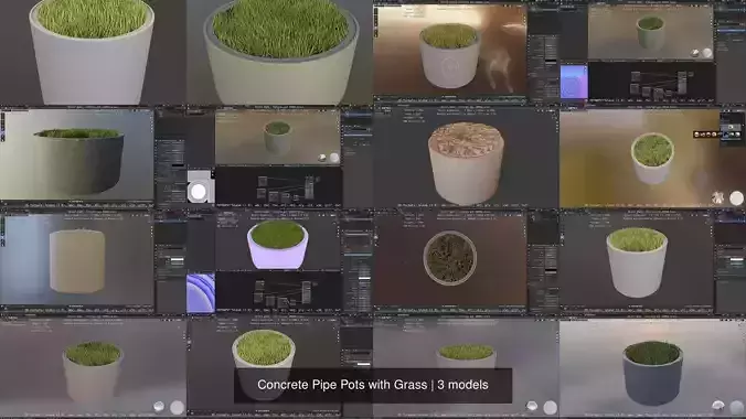 Concrete Pipe Pots with Grass 3D Model Collection