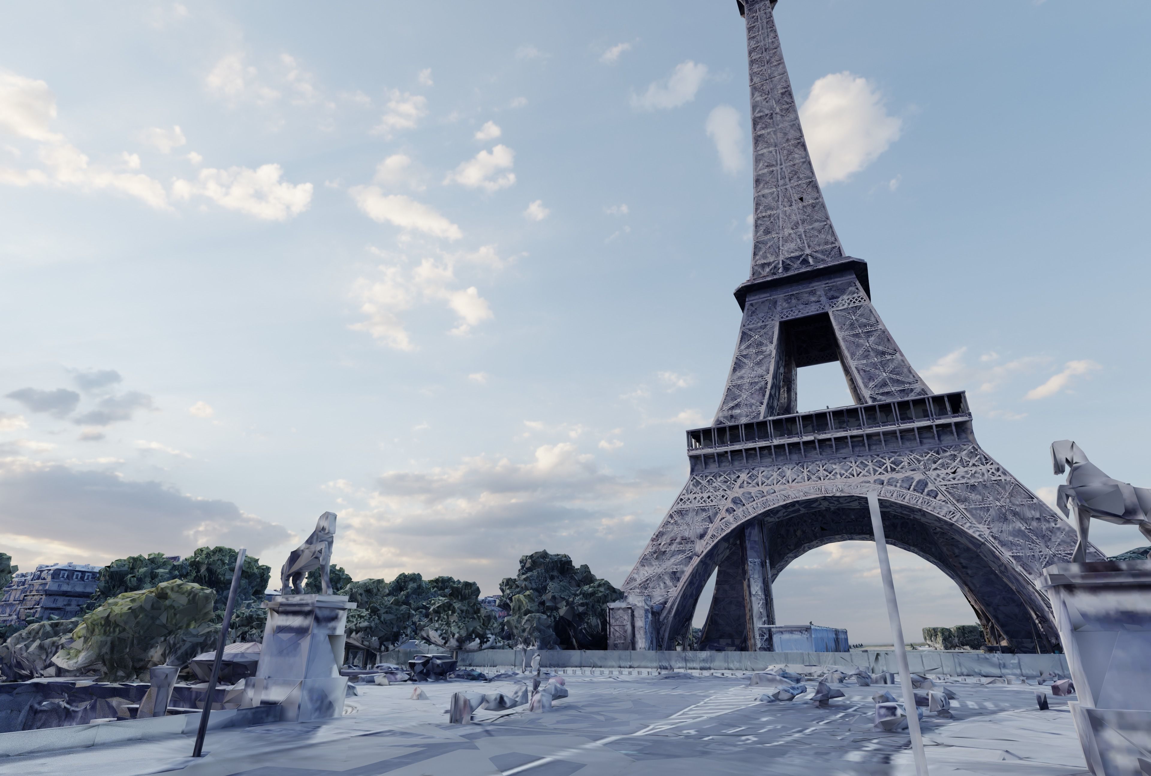 Eiffel Tower with sorrounding area Low-poly 3D model_3