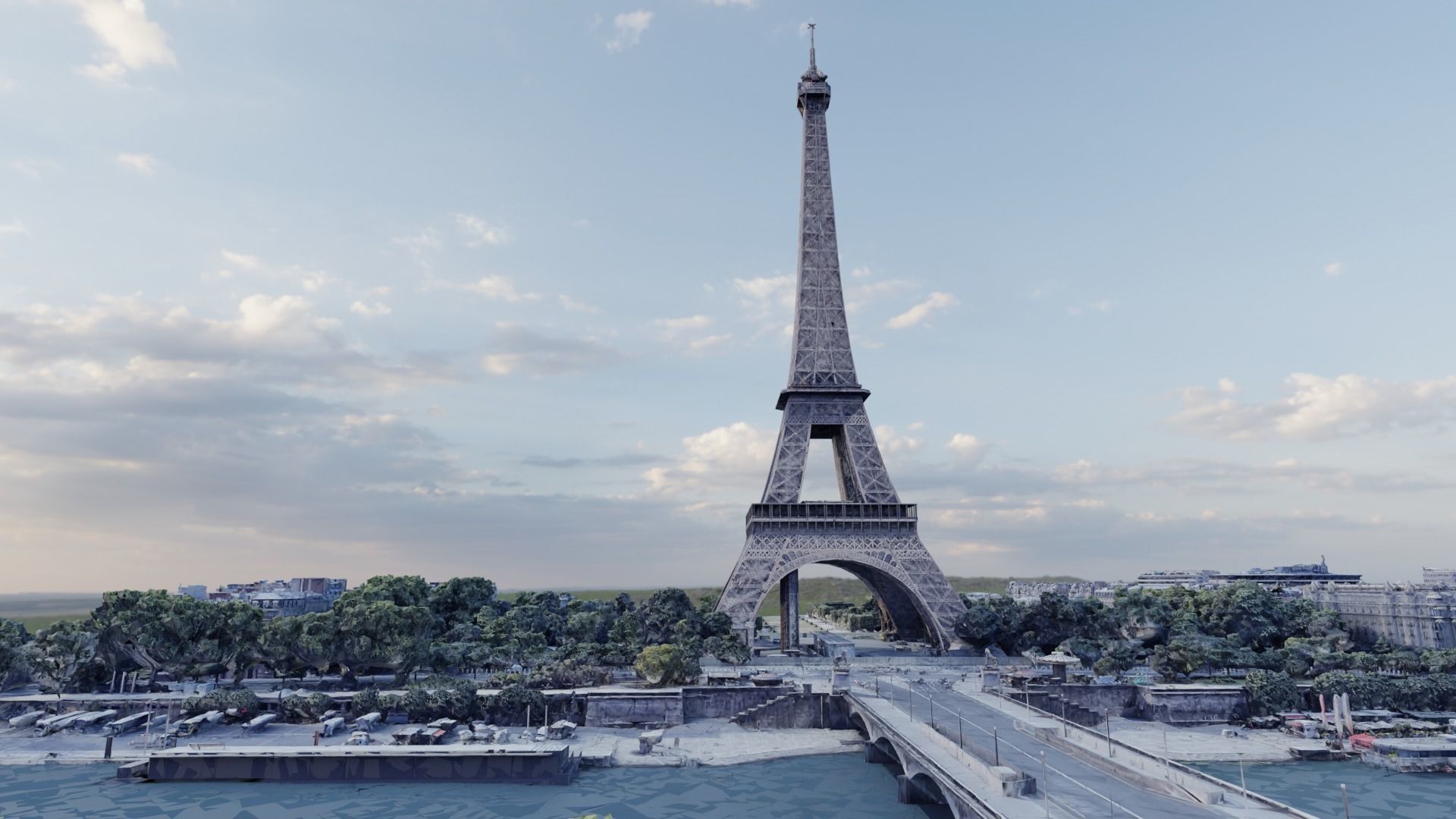 Eiffel Tower with sorrounding area Low-poly 3D model_1