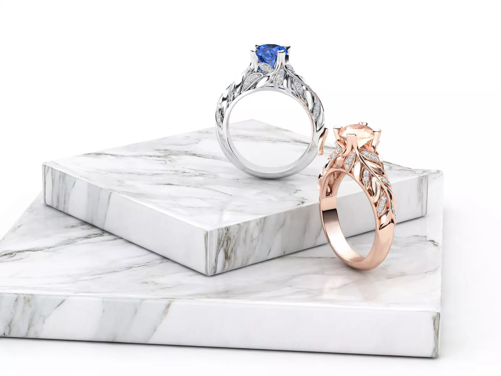 ZR004 sapphire engagement ring with leaves 3D print model_0