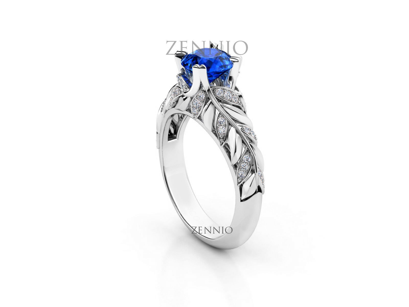 ZR004 sapphire engagement ring with leaves 3D print model_1
