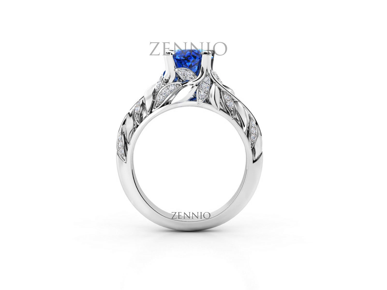 ZR004 sapphire engagement ring with leaves 3D print model_2
