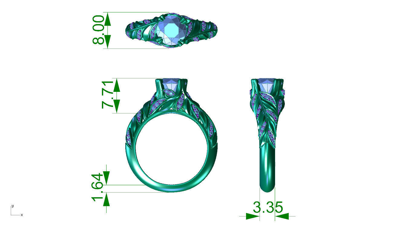 ZR004 sapphire engagement ring with leaves 3D print model_7