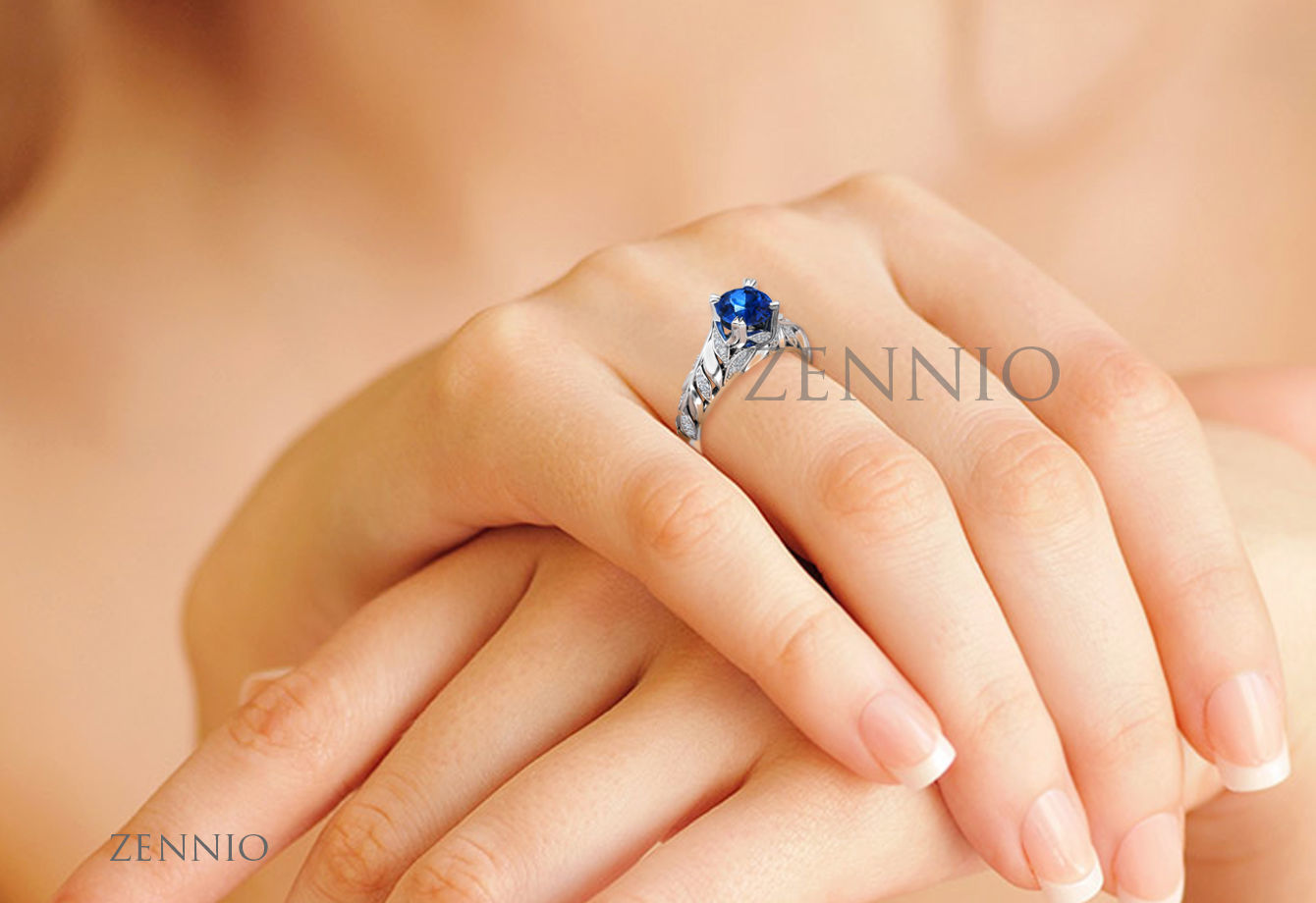 ZR004 sapphire engagement ring with leaves 3D print model_3