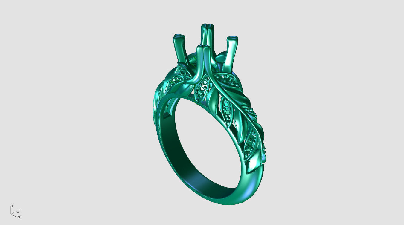 ZR004 sapphire engagement ring with leaves 3D print model_9