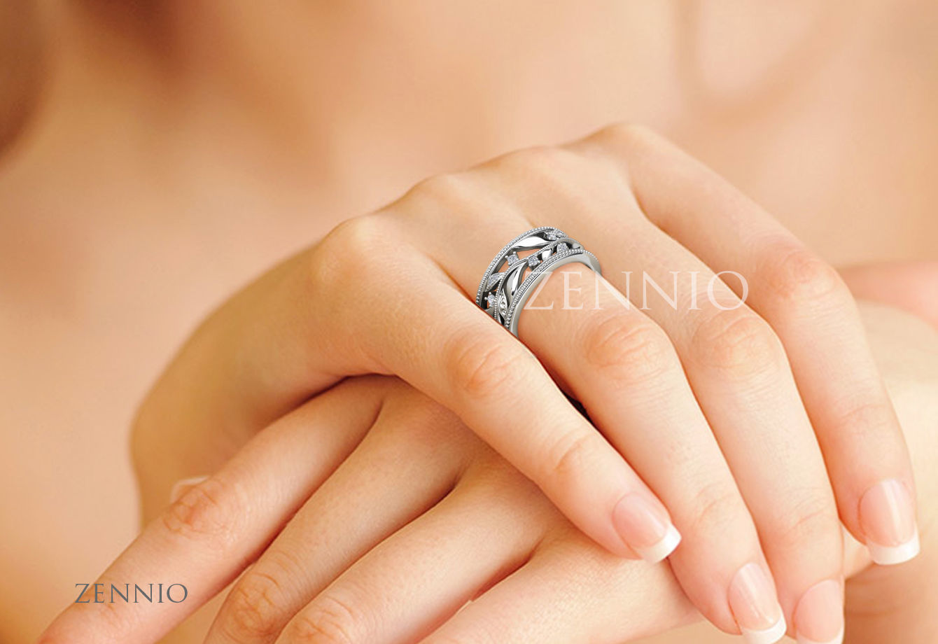 ZR002 rose gold band with diamonds and leaves 3D print model_3