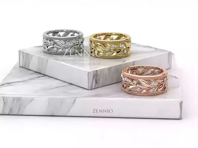 ZR002 rose gold band with diamonds and leaves
