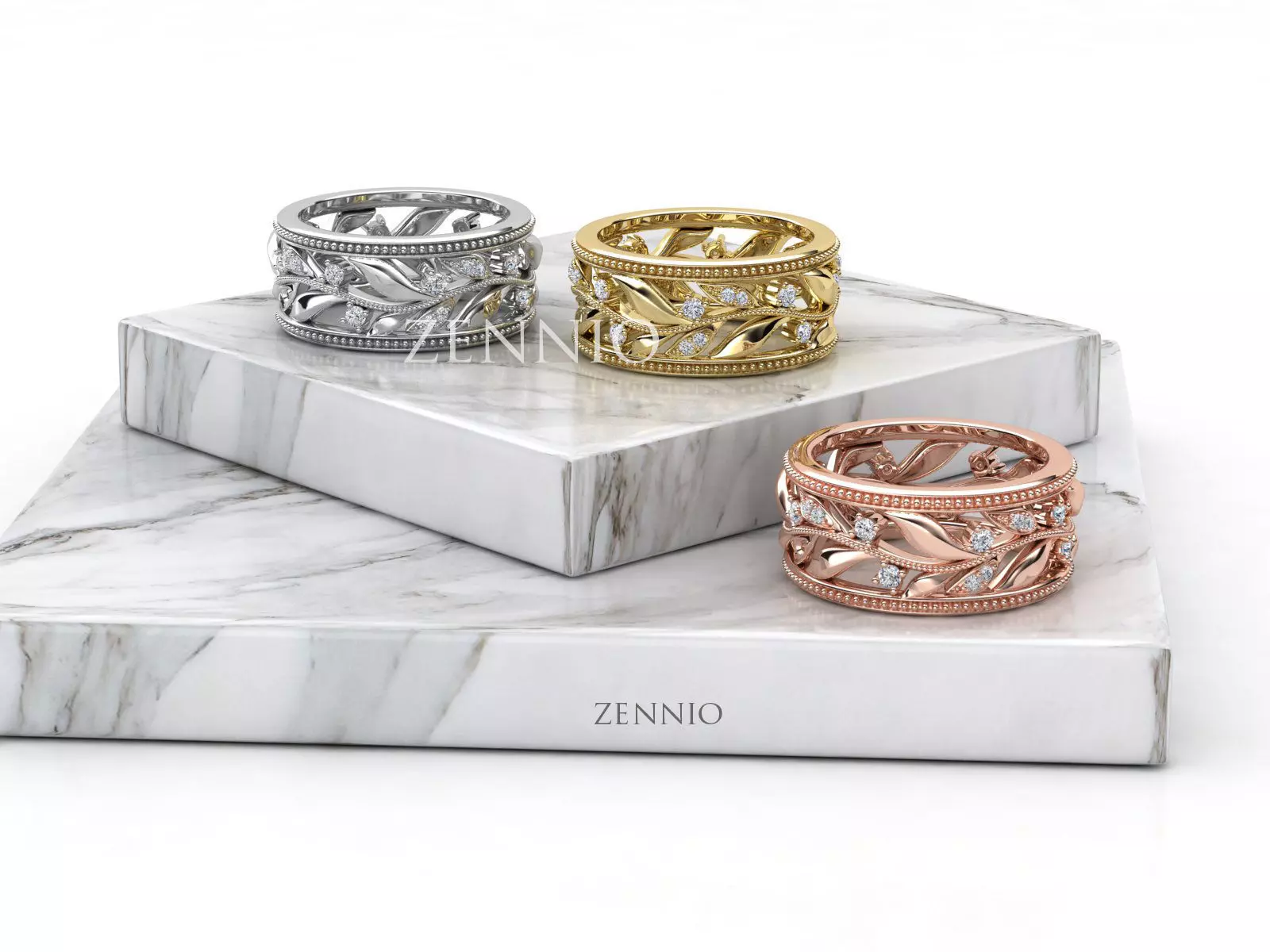 ZR002 rose gold band with diamonds and leaves 3D print model_0