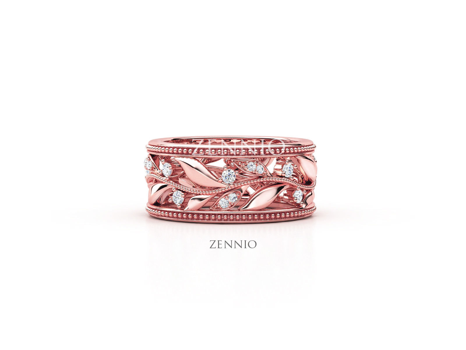 ZR002 rose gold band with diamonds and leaves 3D print model_1