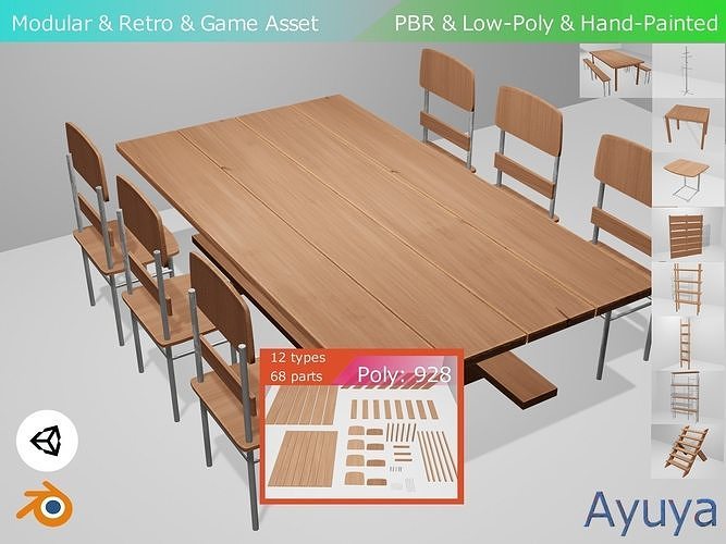 Modular Retro Table And Chair in Wood or Metal Pack 01 Low-poly 3D model