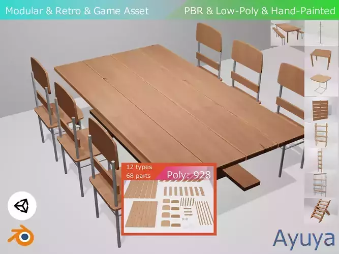 Modular Retro Table And Chair in Wood or Metal Pack 01 Low-poly 3D model