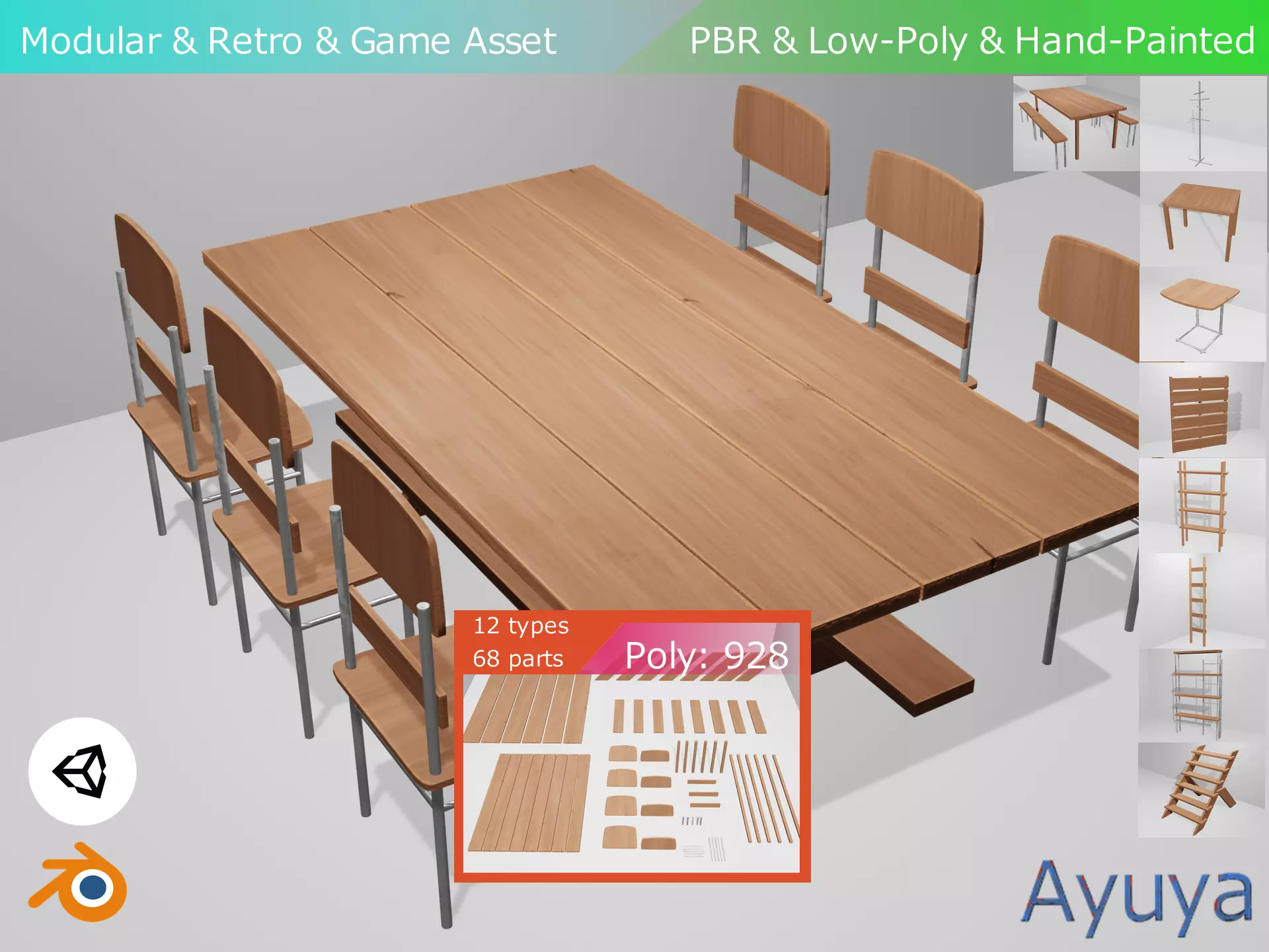 Modular Retro Table And Chair in Wood or Metal Pack 01 Low-poly 3D model_0