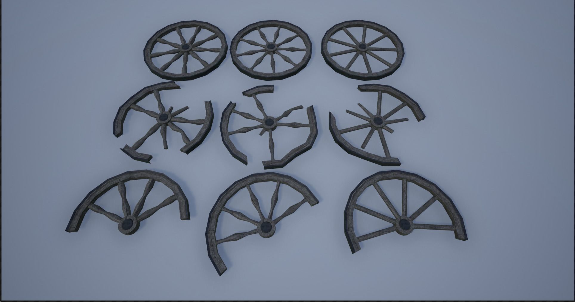Broken and Sturdy Wooden Wheels Low-poly 3D model_6