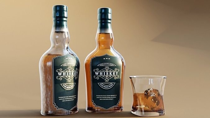 Old Whiskey Bottle and Glass 3D model