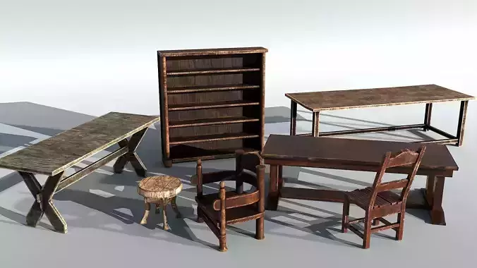 Decorative Set wooden bookcase Low-poly 3D model