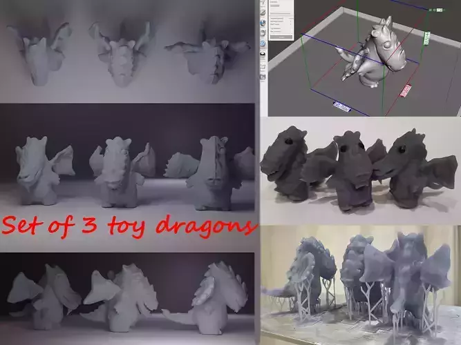 Set of 3 cute toy dragons for 3D printing
