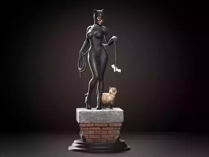 Catwoman statue with cat 3D print model
