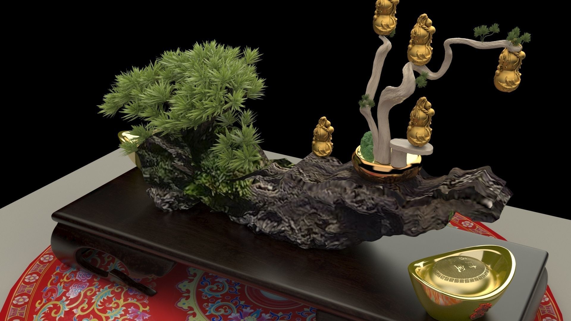 Chinese gold ingot and gourd 3D model_1