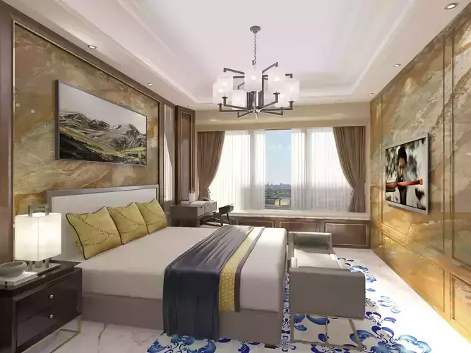 Bedroom with marble walls and chandelier 3D model